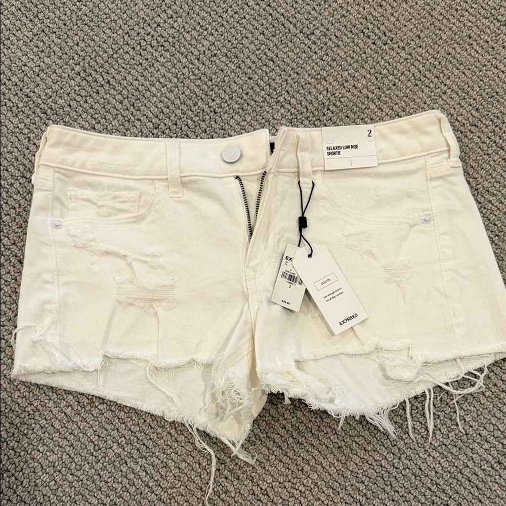 Express Cream Distressed Jean Shorts